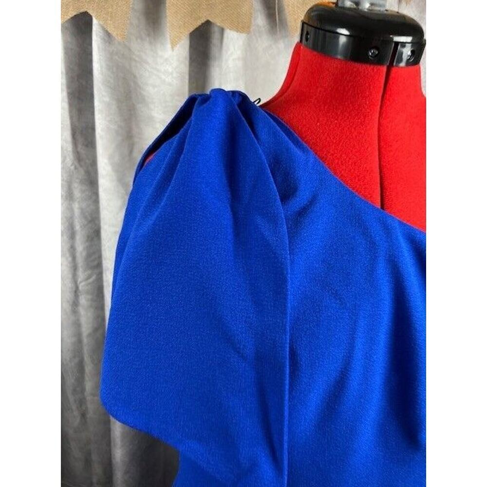 DRESS THE POPULATION Tiffany One-Shoulder Bow-Tie Midi Dress in Blue Size L NWT - Picture 2 of 7